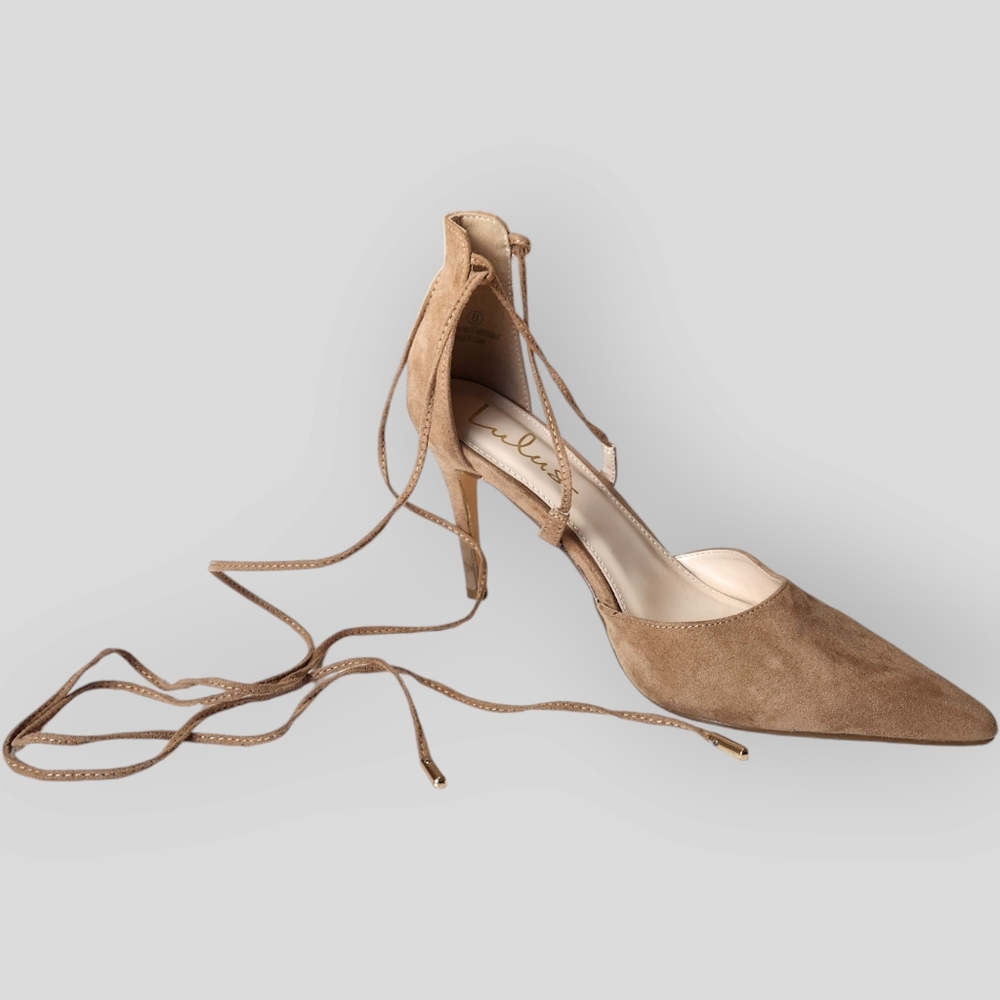 Lulus Taupe Lace-Up Vegan Suede Marie Heels size 8